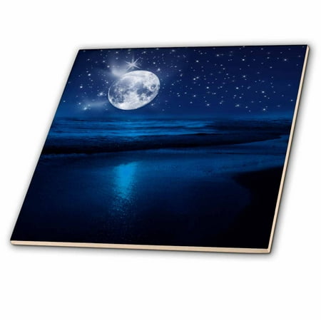 - 3dRose Full moon shining in a starry sky on the beach where the ocean meets land. - Ceramic Tile, 4-inch