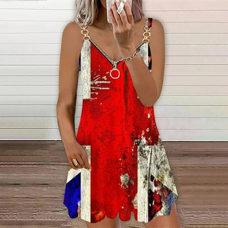 

Hvyesh Sundresses for Women 2023 Summer Party Long Dress Stars and Stripes Print V Neck Dresses Sleeveless Lightweight Bohemian Dress Red