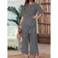 thumbnail image 5 of Women'S Asymmetric Hem Pants Set Elegant Fashion Casual Button Sleeve Shirt Loose Two Piece Outfit Gray XL, 5 of 7