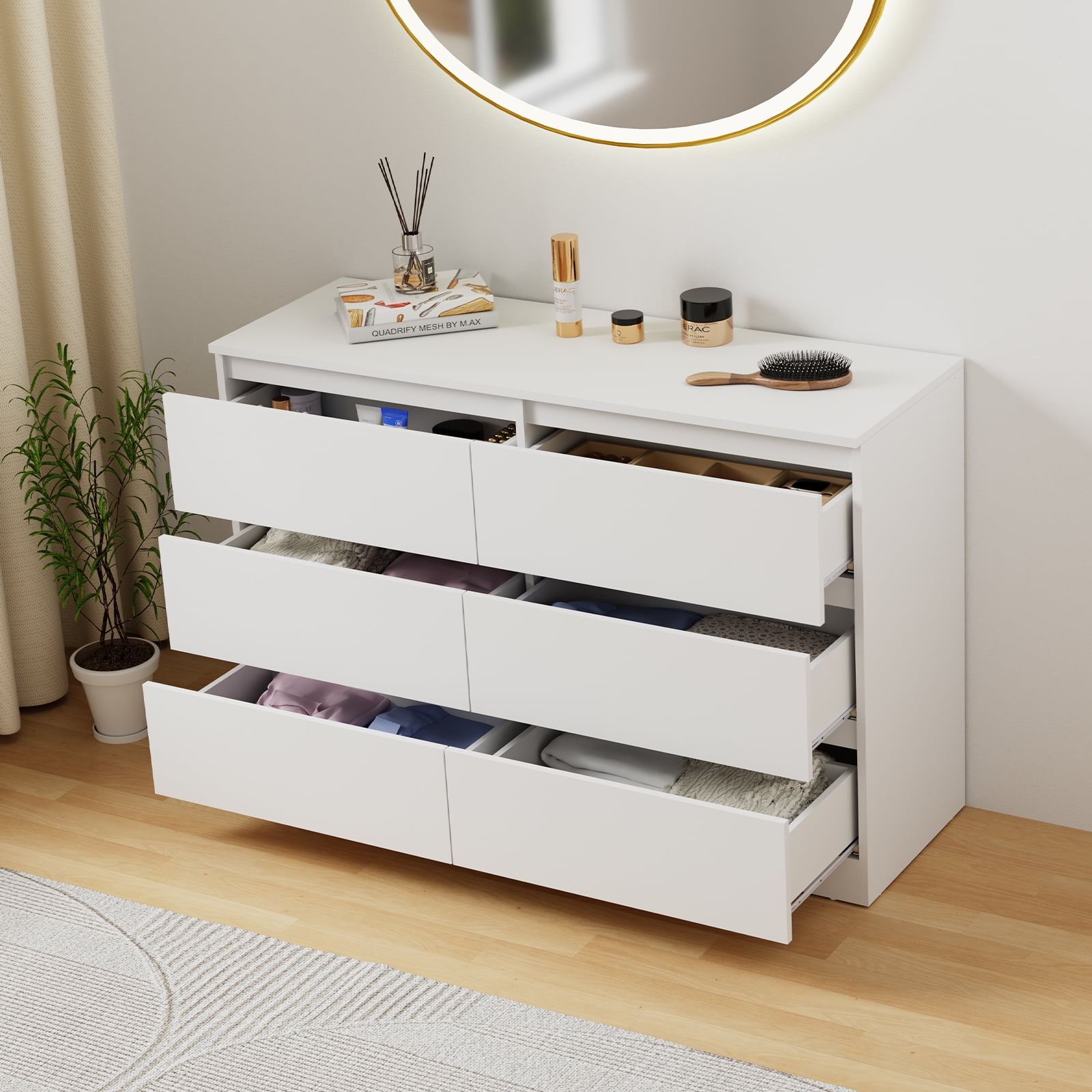 Hommpa White 6 Drawers Dresser for Bedroom, Chest of Drawers TV Stand Dresser for Closet, Wooden Modern Storage Cabinet for Women Living Room Furniture