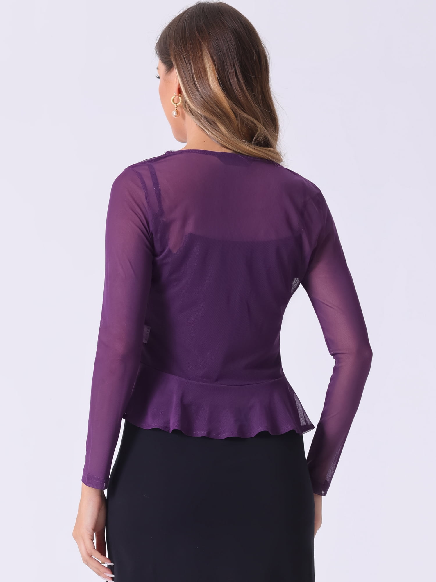 DARING DIVA Women's Ruffle Mesh Shrug Long Sleeves Self Tie Casual Bolero Cardigan S Purple