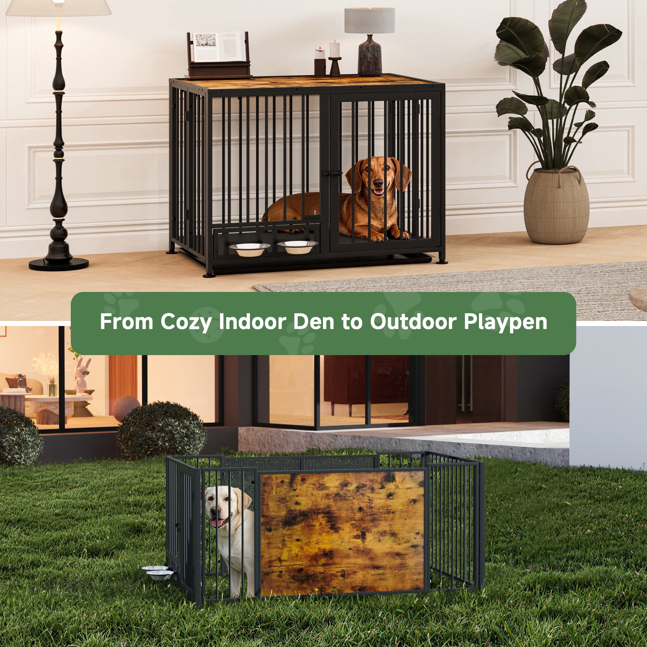 Amoveo 37.8" Heavy Duty Dog Crate for Medium Dogs, 3-in-1 Collapsible Metal Kennel & Playpen with Lockable Wheels & Feeding Bowls, Indoor Outdoor,Brown