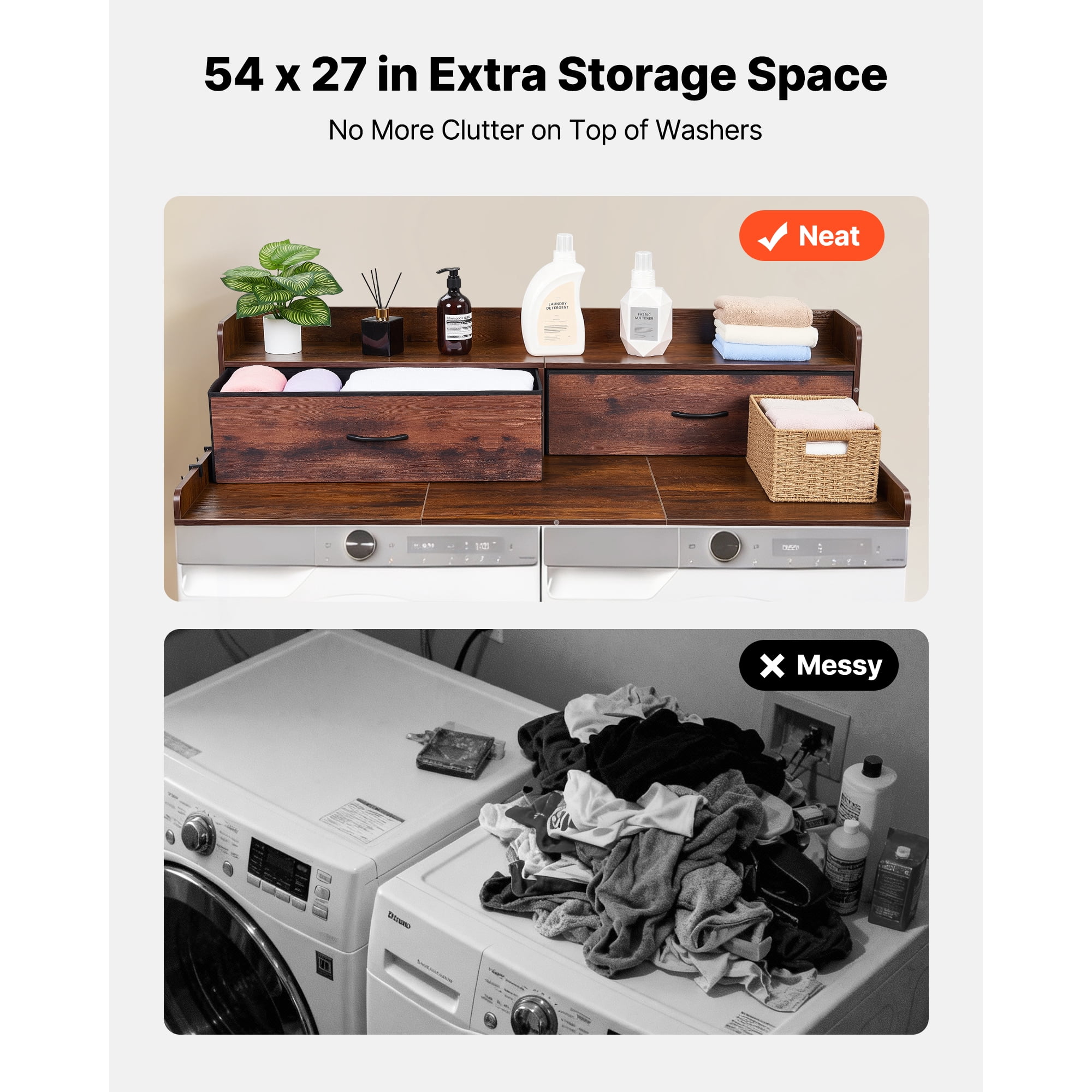 KFFKFF Wooden Washer and Dryer Countertop with Shelf, 54 x 27.5 in, Laundry Topper with 2 Drawers & 2 Hooks, Ideal for Laundry Room and Pantry Organization, Brown