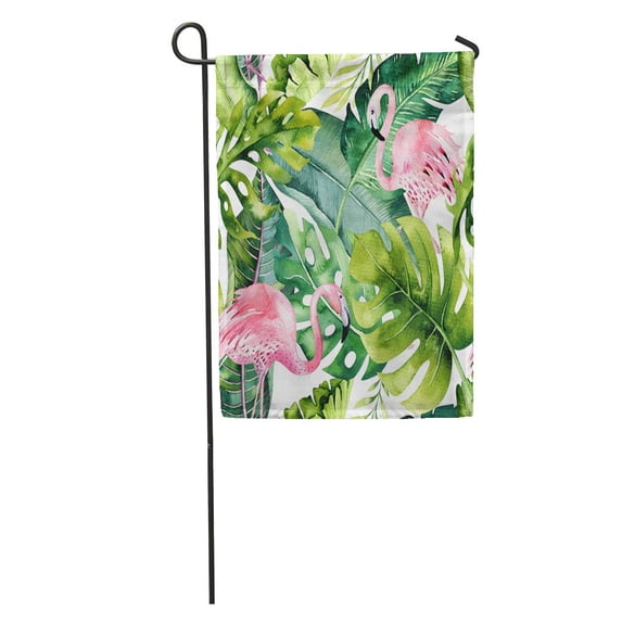 SIDONKU Tropical Flamingo Watercolor Tropic Drawing Rose Bird and Greenery Palm Tree Green Exotic Flower Aloha Garden Flag Decorative Flag House Banner 28x40 inch