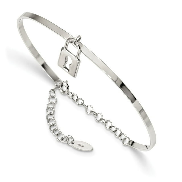 Diamond2Deal 925 Sterling Silver Rhod-plated Lock Charm up to 7.5inch Chain Bangle for Women