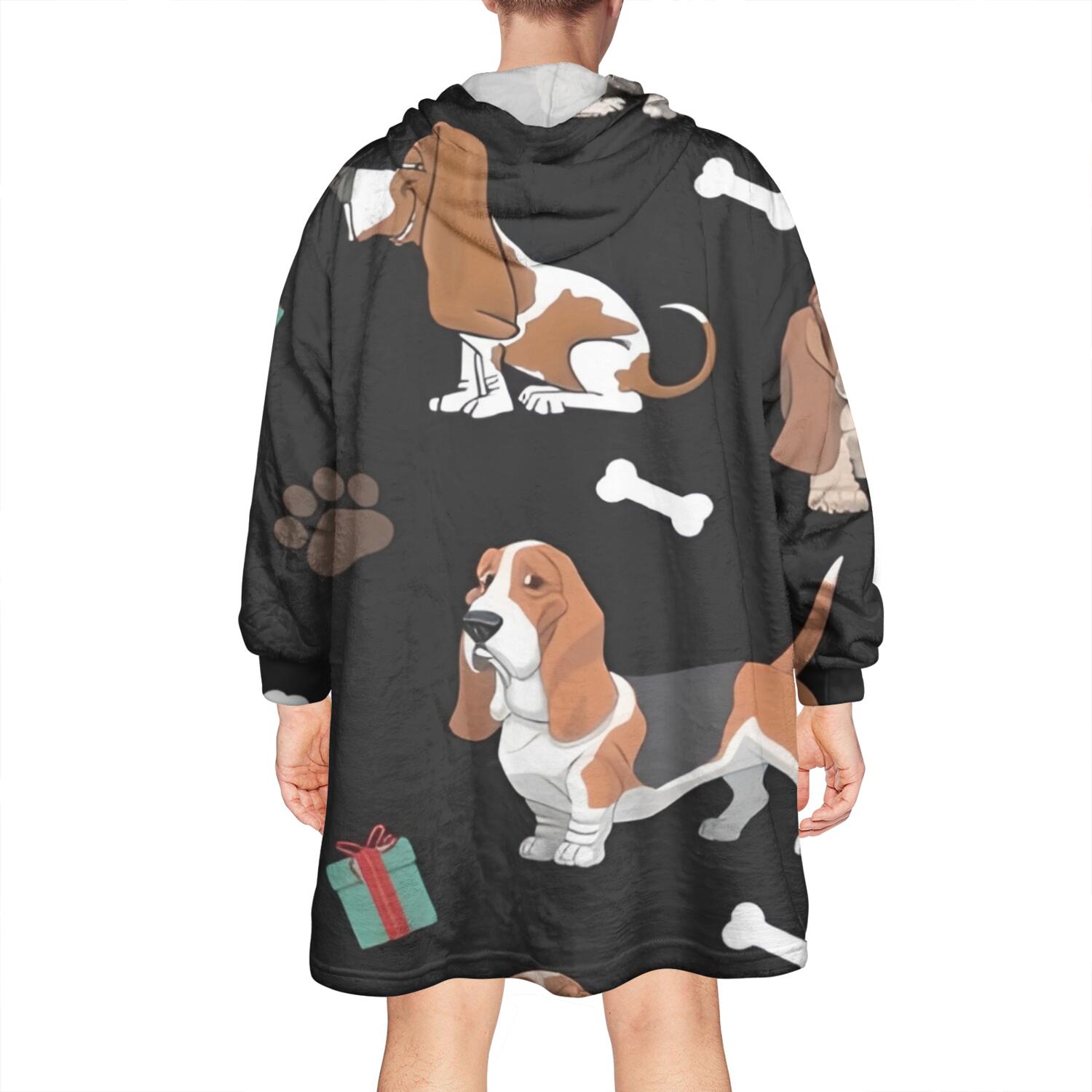 Wearable Oversized Blanket,Basset Hounds with Bones and Presents Wearable Blanket Hoodie for Adults,Cozy Hooded Blankets with Super Pockets,Super Warm Fuzzy Pullover for Women & Men
