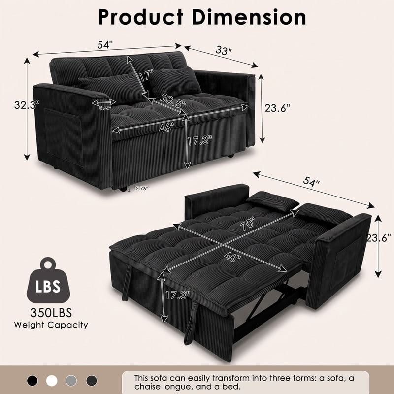 Anpport 54" 3‑in‑1 Convertible Sleeper Sofa Bed, Corduroy Pull‑Out Couch with Adjustable Backrest, Side Pockets & 2 Pillows for Small Spaces, Black
