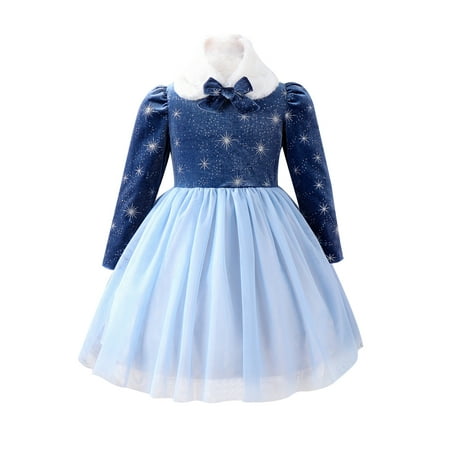 

Qtinghua Toddler Baby Girls Christmas Princess Dress Cute Print Long Sleeve Velvet A-Line Dress with Scarf Set Blue 5T
