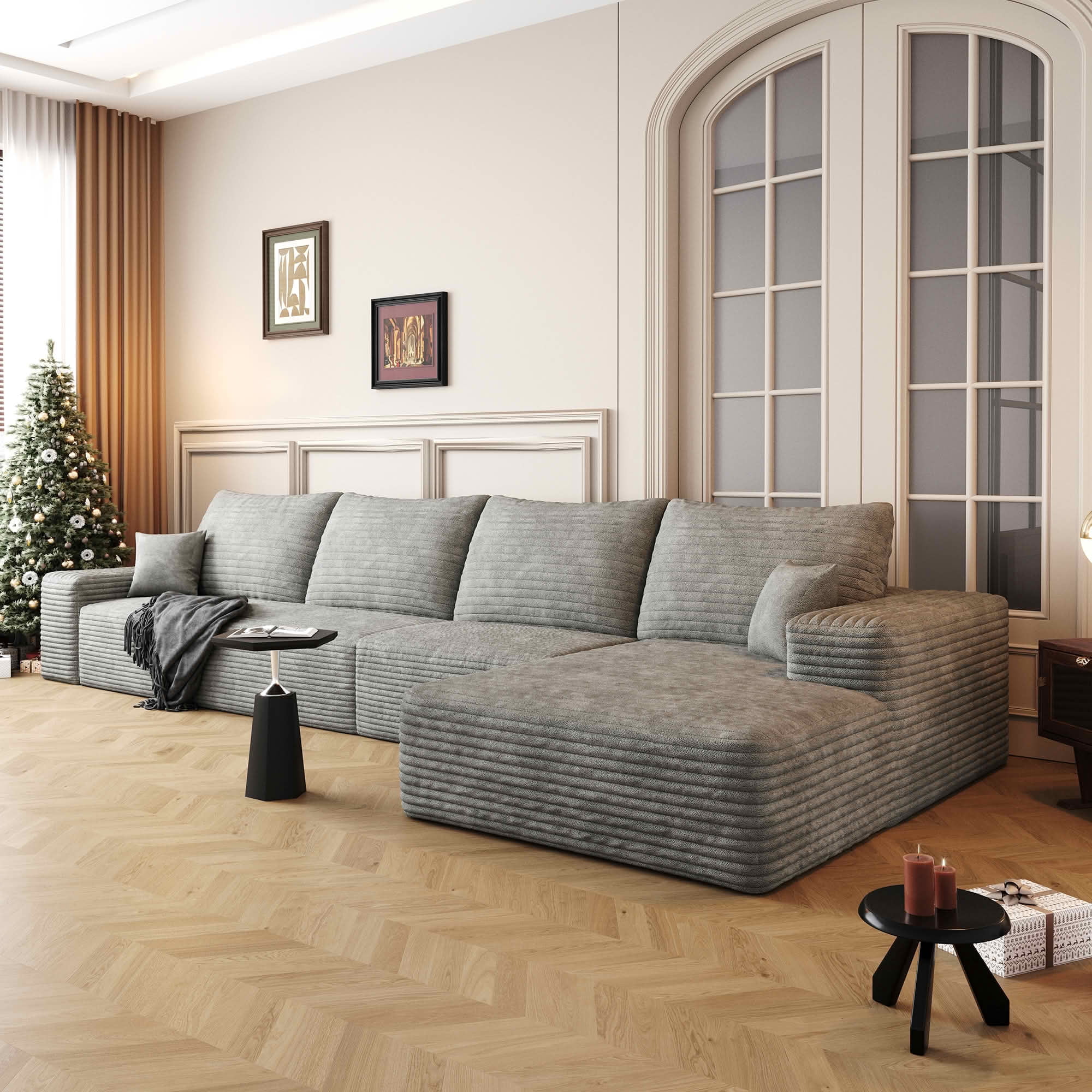 MAYEERTY L-Shaped Modular Cloud Couch, Plush Corduroy Sectional Sofa with Chaise, Deep Seat Leisure Sofa No Assembly for Home