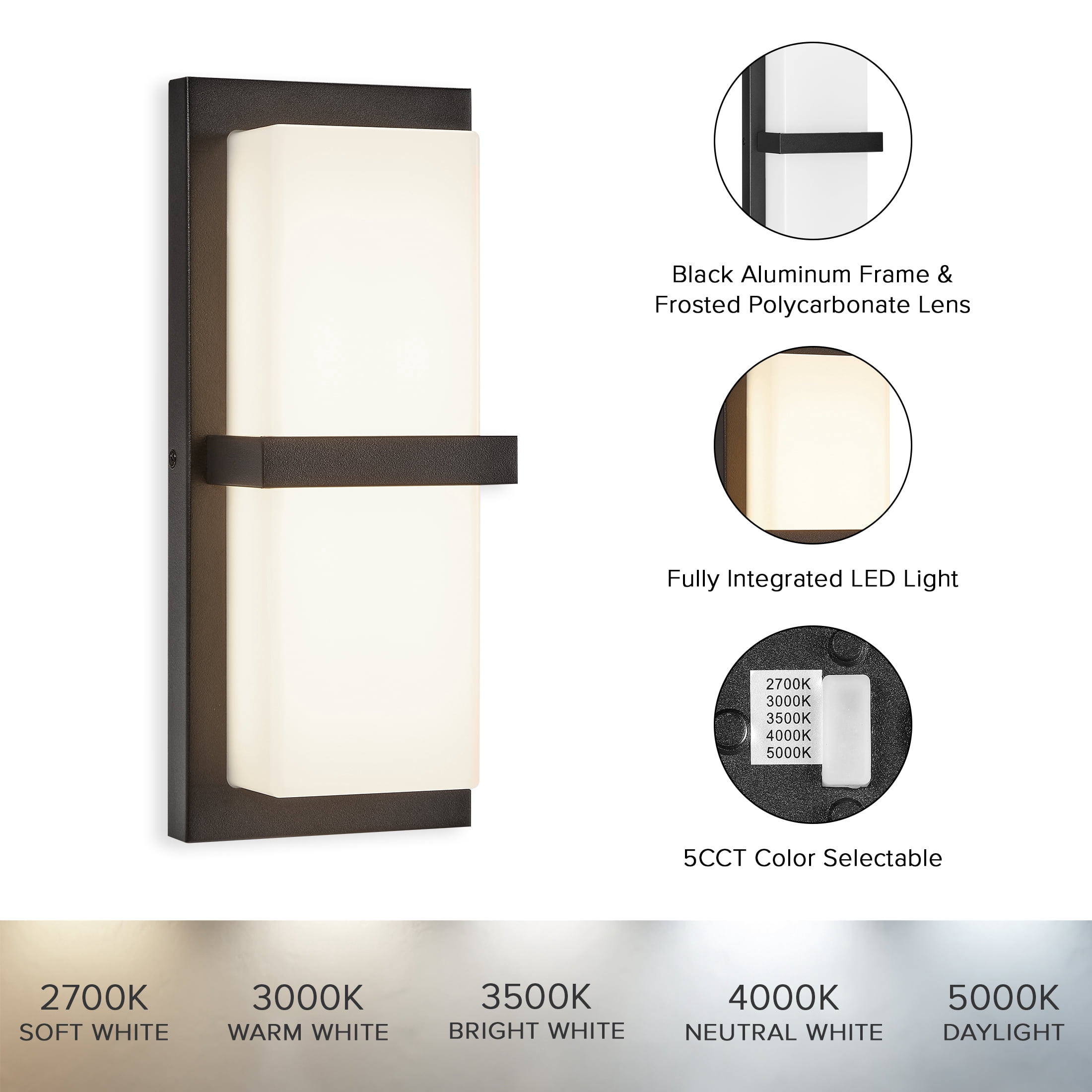 Maxxima LED Outdoor Wall Light, Black w/ Horizontal Bar & Frosted Lens, Modern Porch Light, 1000 Lumens, 5 CCT 2700K-5000K