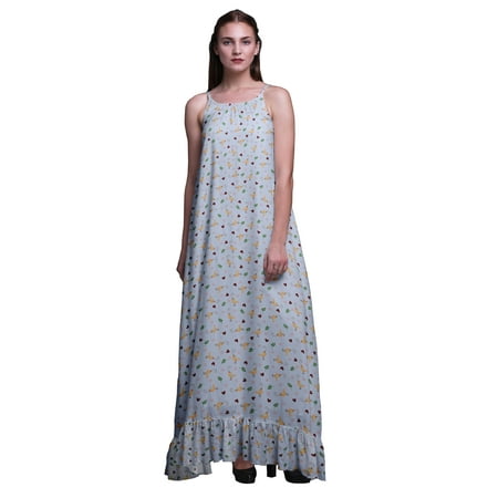 

Bimba Light Lavender Blue Cartoon Leaves Heart & Bird Printed Long Maxi Dress For Women Rayon Nightgown Spaghetti Strap Ladies Sleepwear X-Large