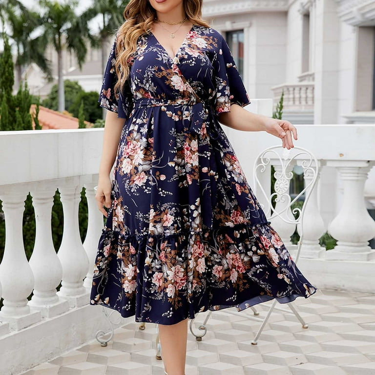 YWDJ Semi Formal Dresses for Women Wedding Guest Dresses Plus Size Casual  Short Sleeve Loose Round Neck Solid Mid Length Sleeve Size for Wedding Guest  Evening Party Graduation Birthday Tea Party 