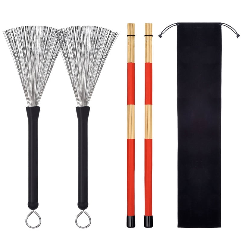 1 Pair Drum Brushes Retractable Wire Brushes + 1 Pair Rods Drum Brushes