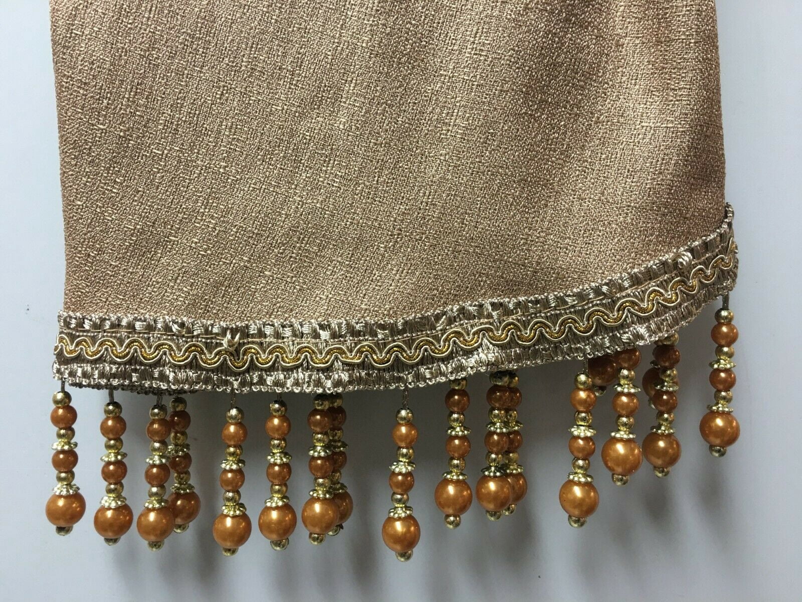 Leah 5 Piece Woven Textured Curtain Set with Beaded Austrian Valances (Gold)