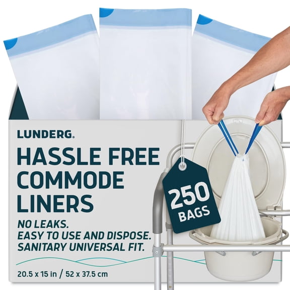 Lunderg Commode Liners - Value Pack 250 Count Universal Fit - Medical Grade Bedside Commode Liners Disposable for Adult Commode Chair, Portable Toilet Bags or Camping Toilet Bags