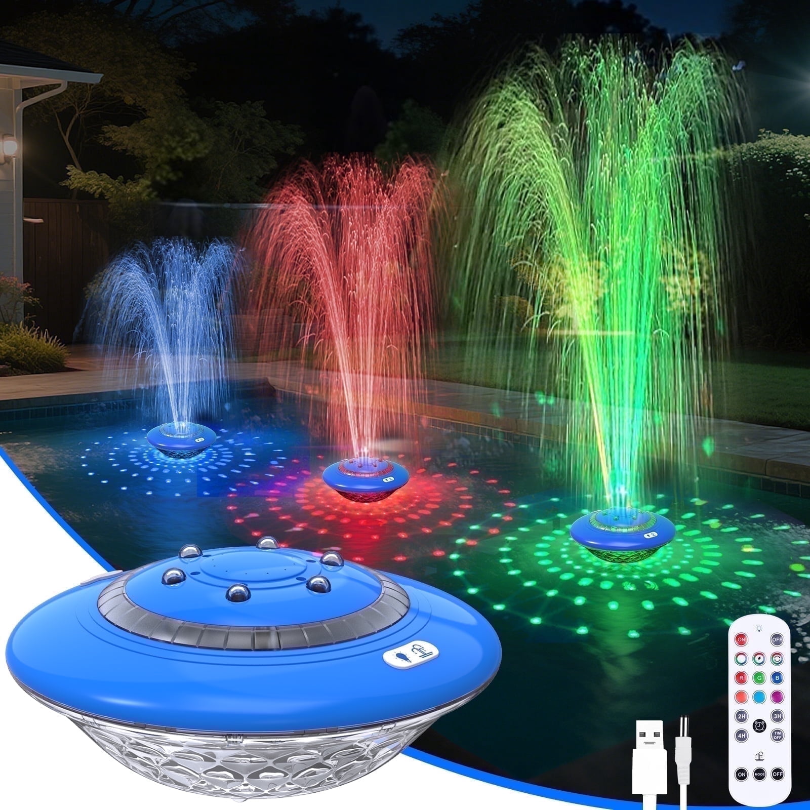 WARMTUYO Floating Pool Fountain with Light Show, Rechargeable with Remote, 9 Pool Light Modes & 3 Fountain Modes for Above Ground Pool, Pool Pond,Outdoor, Yard, Bird Baths
