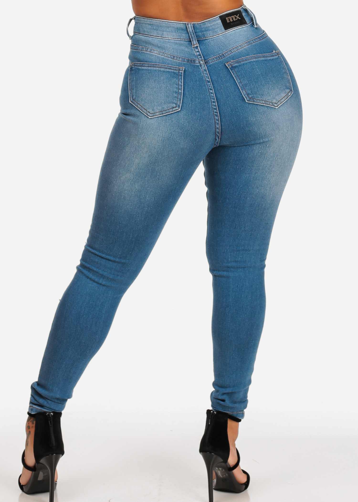 Womens Juniors Women's Junior Ladies Casual Sexy Ultra High Waisted Light Wash Distressed Ripped 1 Button Stretchy Skinny Jeans 10583W - image 3 of 4