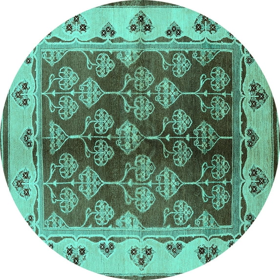 Ahgly Company Machine Washable Indoor Round Oriental Turquoise Blue Industrial Area Rugs, 6' Round