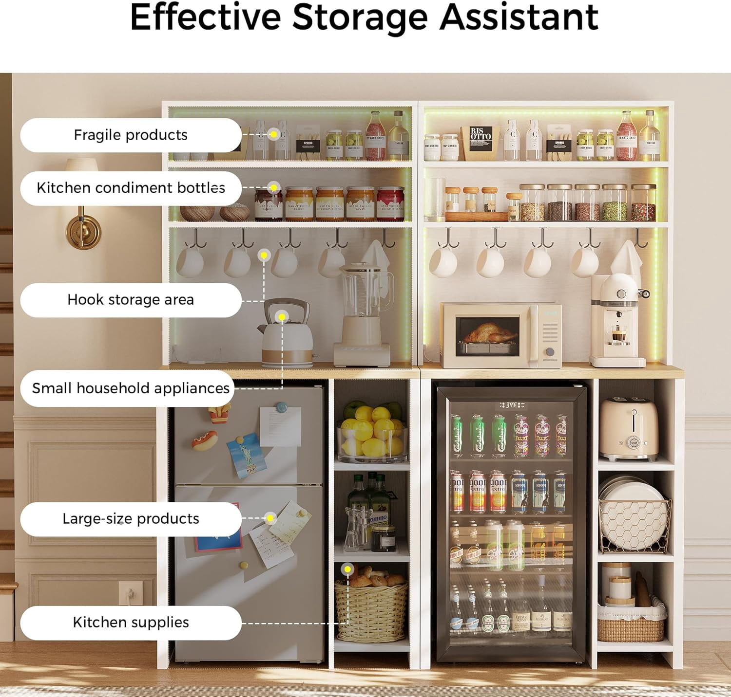 Bakers Rack with Mini Fridge Space, 69.3" Tall Microwave Stand with Power Outlets & LED Lights, 7-Tier Coffee Bar Station with 5 Hooks for for Dining Room, Living Room, White