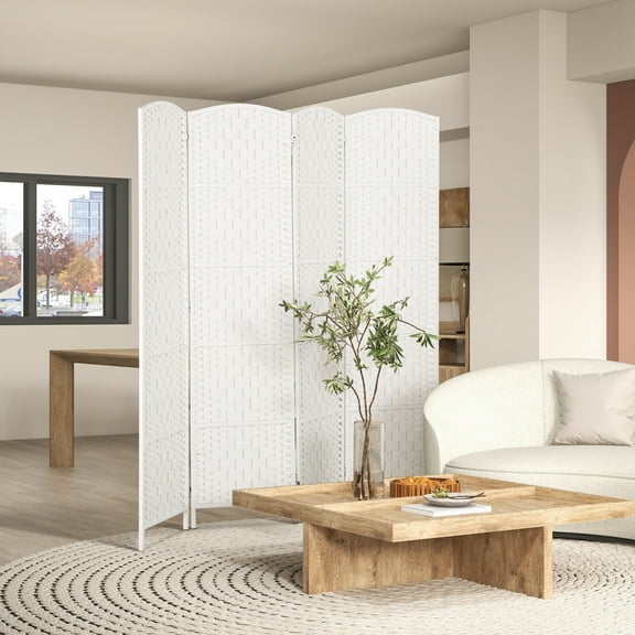 HOMCOM Room Divider, 4 Panel Folding Privacy Screen, 6FT Tall Portable Wicker Weave Partition Wall Divider for Bedroom, Home Office, White