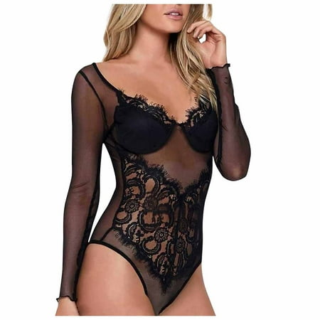 

DORKASM Women s Sleepwear Sexy Snap Crotch Mesh Lingerie Babydoll Teddy Lace Eyelash Long Sleeve One Piece Bodysuit Black M