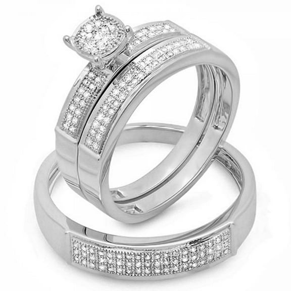 0.33 Carat (ctw) Round White Diamond Men & Women's Micro Pave Engagement Ring Trio Bridal Set 1/3 CT