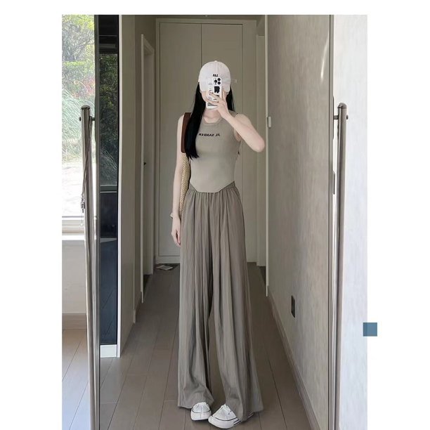 Pantalones de pierna ancha para chicas calientes de verano, pantalones casuales adelgazantes de cintura alta, pantalones de mujer de talla grande, pantalones de pierna recta de color sólido