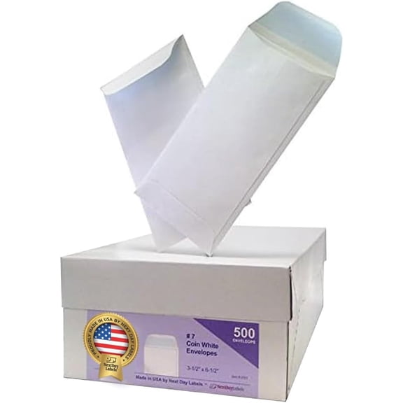 #7 Coin White Envelope for Small Parts, Cash, Jewelry Etc, 500 Per Box (500 Reg. Gum)
