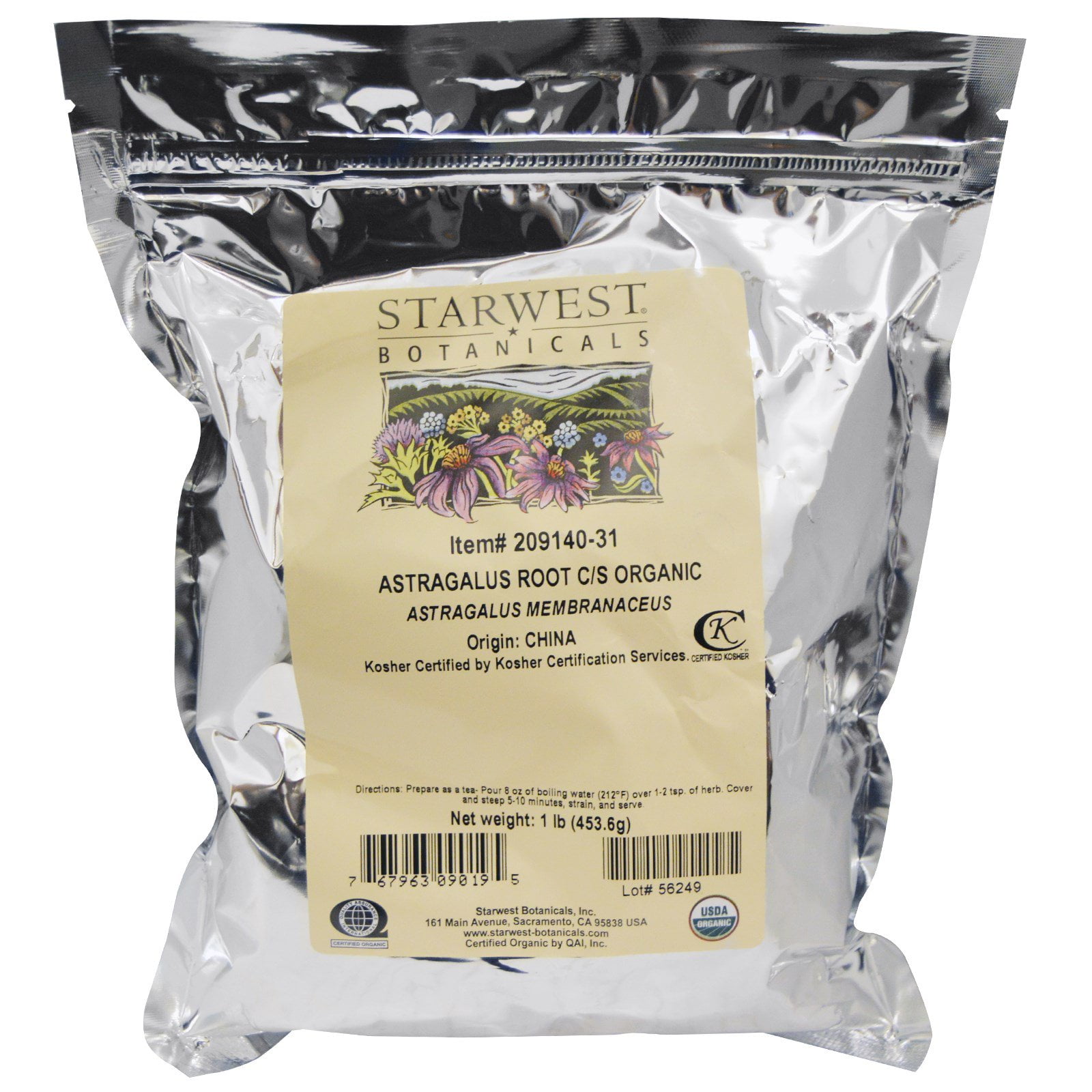 Starwest Botanicals Organic Astragalus Root C/S, 1 lb (453.6 g