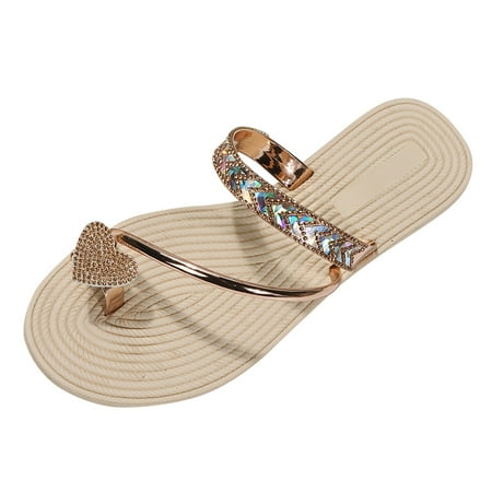 

Youmylove Women Slippers Fashion Solid Color Bright Leather Lovely Rhinestone Cover Toe Straw Woven Flat Bottom Beach Sandals Leisure Ladies Cozy Daily Walking