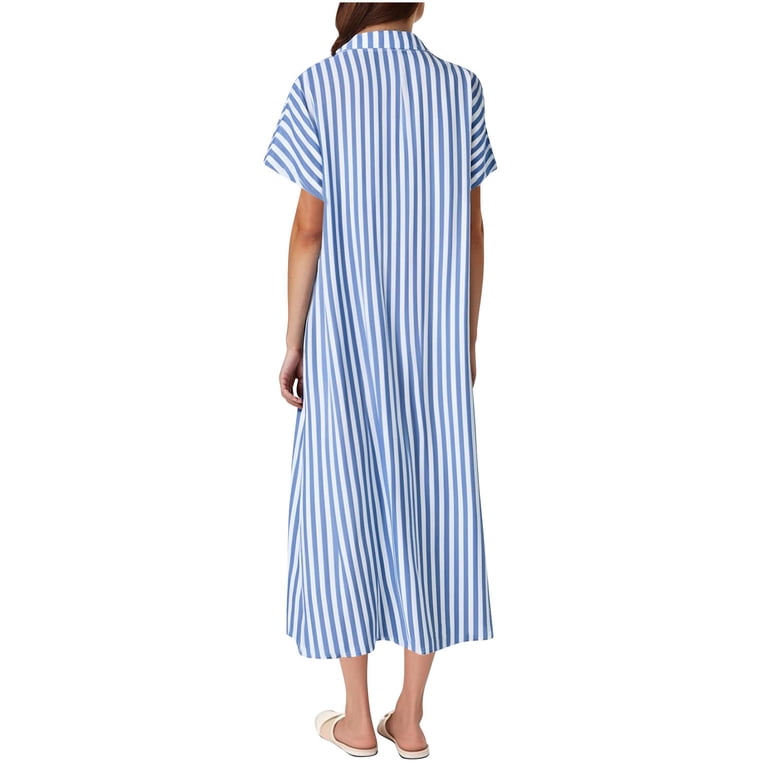Robe Chemise Rayée à Col Pour Femme - Boutons, Manches Courtes, Poches - Style Décontracté Été