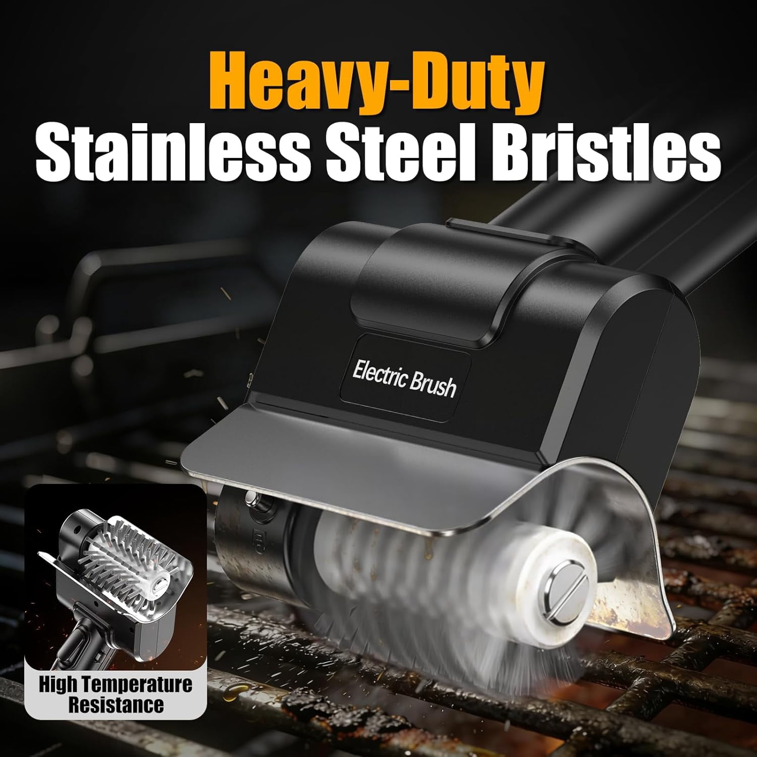 Electric Grill Brush, Heavy-Duty Cordless BBQ Brush with Stainless Steel Bristles, 2000mAh Rechargeable Battery, 1100RPM Motorized Cleaner for Grates, Griddles and Smoker