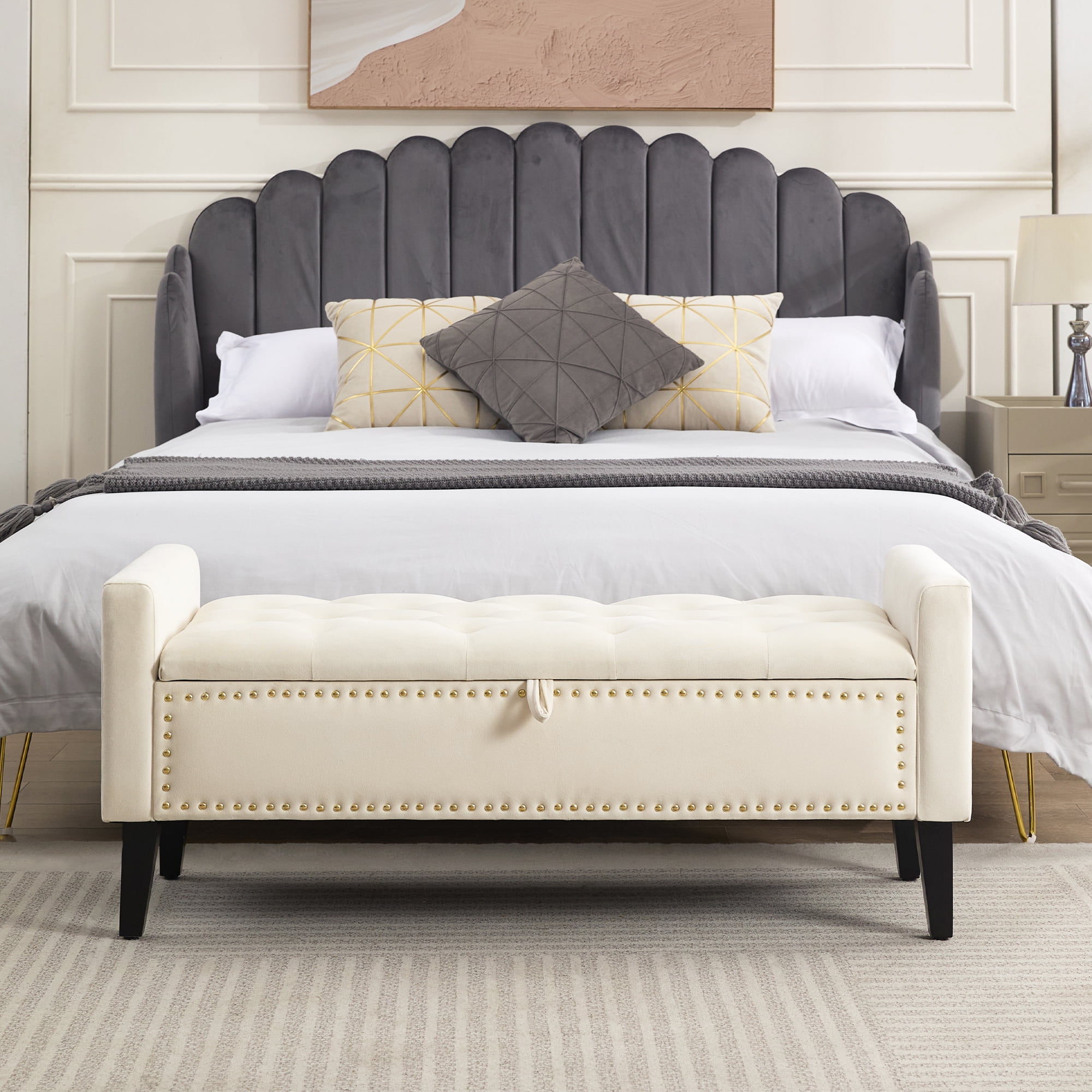 Velvet Storage Bench, Upholstered Bed Bench with Storage, End of Bed Ottoman with Wooden Legs,Bedside Storage Bench for Bedroom, Living Room, or Entryway, Beige