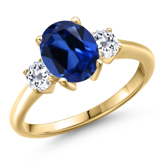 Gem Stone King 10K Yellow Gold Blue Created Sapphire and White Topaz Engagement Ring for Women | 2.96 Cttw | Oval 9X7MM | Gemstone September Birthstone | Size 9