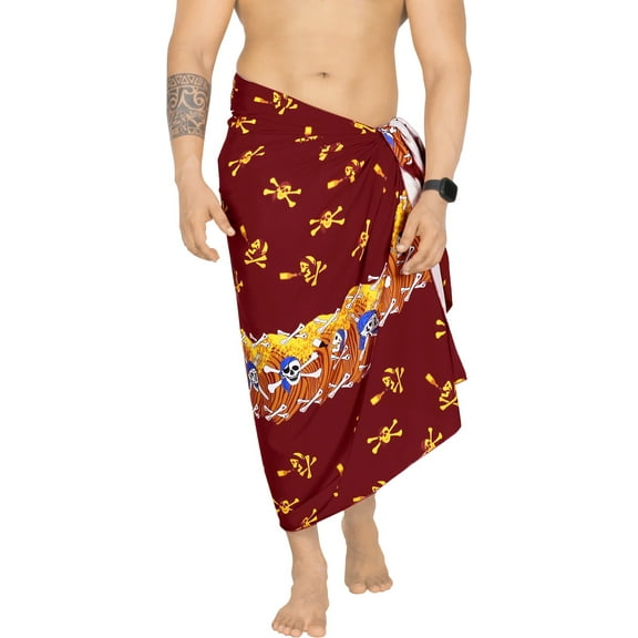 HAPPY BAY Men's Halloween Costumes Summer Sarong Wrap Pareo Caribbean Pirates Swim Trunks Swimwear Full Beach Wraps for Men One Size Skull Crossbones, Blood Red
