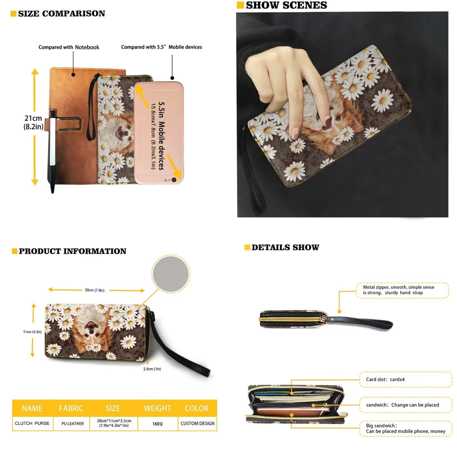TSOVTHRID Pomeranian Dog Daisy Print Purse for Women Pu Leather Shoulder Purse Top Handle Tote Satchels with Wallet Large Capacity Handbag Wallet Set for Shopping Walking, Beige