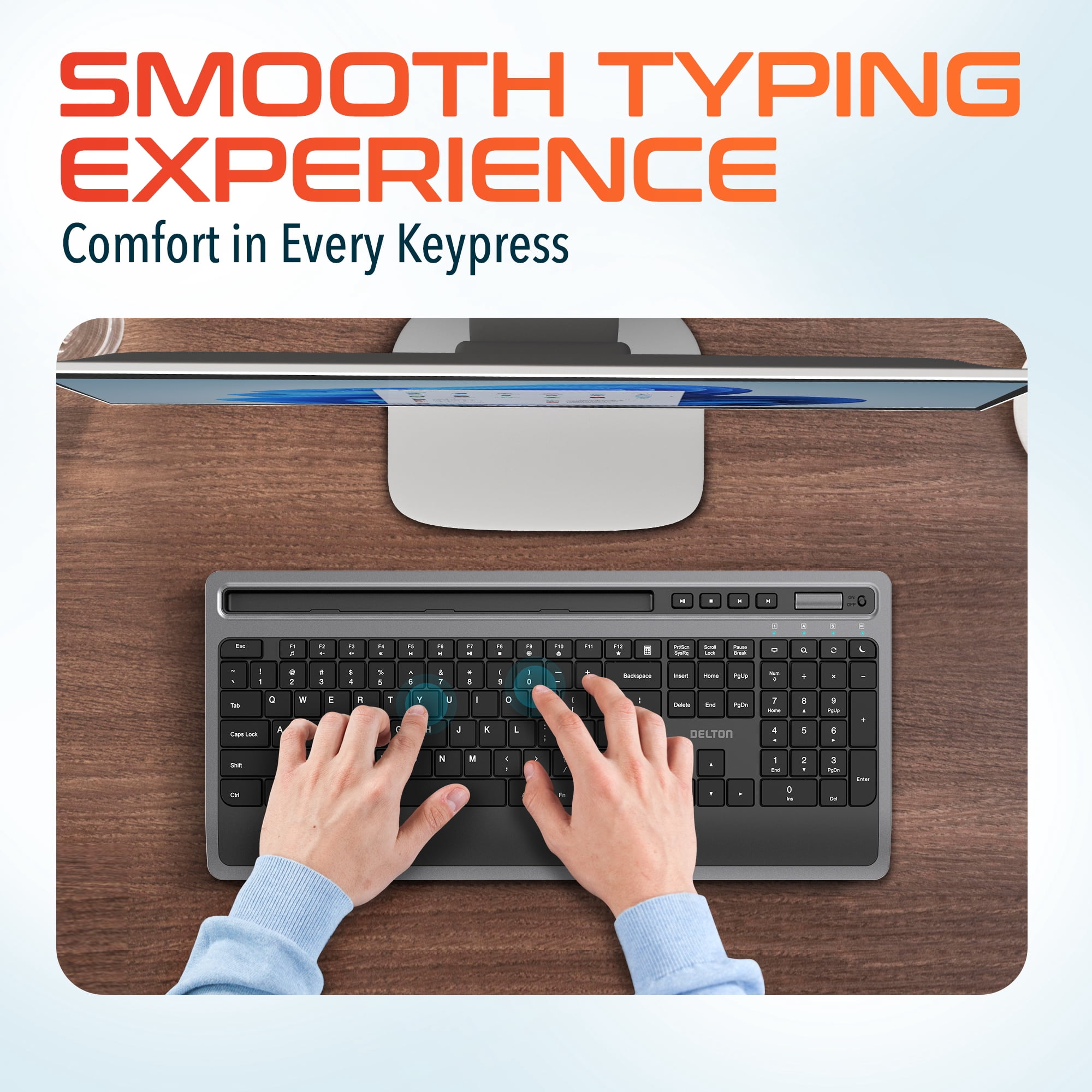 Delton T42 Ergonomic Wireless Keyboard with Phone/Tablet Holder, 2.4G Wireless Connection, Cordless Keyboard for Computer, Laptop, PC, Windows, MacOS and iOS - Black
