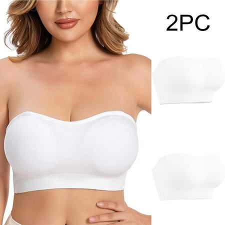 TrendVibe365 Strapless Bra Women Pack of 2 Bandeau Stretchy Wirefree Push up No Show Bralette Padded Multiway Convertible Straps Adjustable Spaghetti Strap Clear Strap Corset Top Cami Sexy Underwear