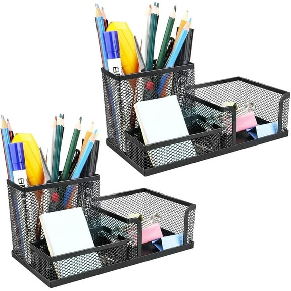 Mesh Desk Organizer, 3 Compartments Metal Pen Holder Storage, Office Desk Accessories, Black