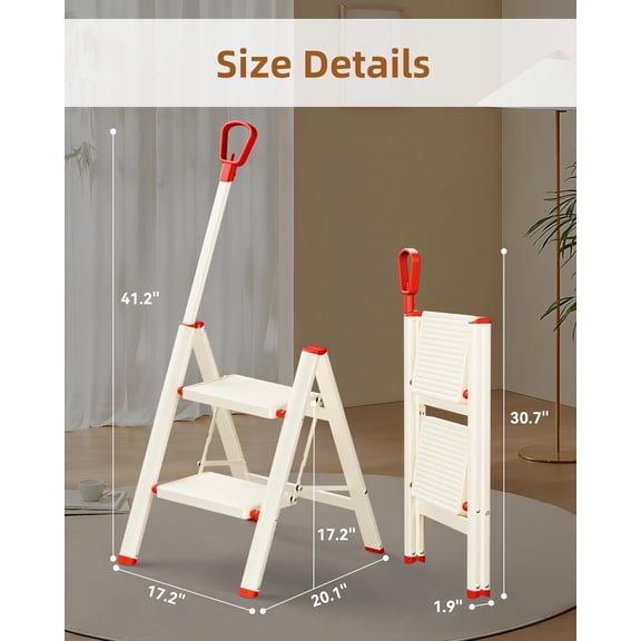 ASPERALD 2 Step Ladder with Single-Handrail,Foldable Step Stool with Anti-Slip Wide Pedals for Home Kitchen Closet,Lightweight Step Folding White