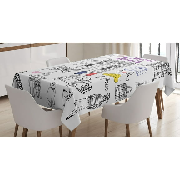 Ambesonne Hipster Tablecloth Rectangular Table Cover, Eiffel Tower Beret Taxi, 60"x84", Multicolor