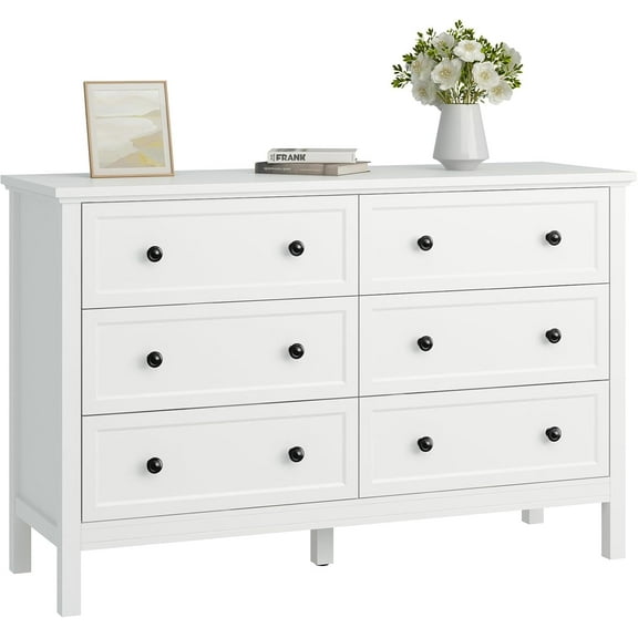 White Dresser for Bedroom, 6 Drawer Dresser with Wide Drawer and Metal Handles, Wood Dressers & Chests of Drawers for Hallway, Entryway