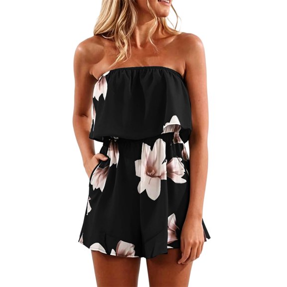 HCYSFG Womens Floral Rompers Bandeau Strapless Tube Top Summer Beach Elastic High Waist Jumpsuits Wide Leg Shorts Pocket One Piece Casual Playsuits