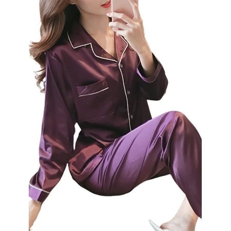 

Womens Casual Buttons Pyjamas Long Sleeve Collared Sleepwear Plain Nightwear Set