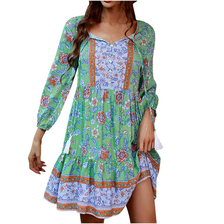 Usmixi Summer Dresses for Women Beach Flowy Ruffle Swing Strappy Vintage Bohemian  Dresses Short Sleeve V-Neck Floral Print Mini Sun Dress Blue S 