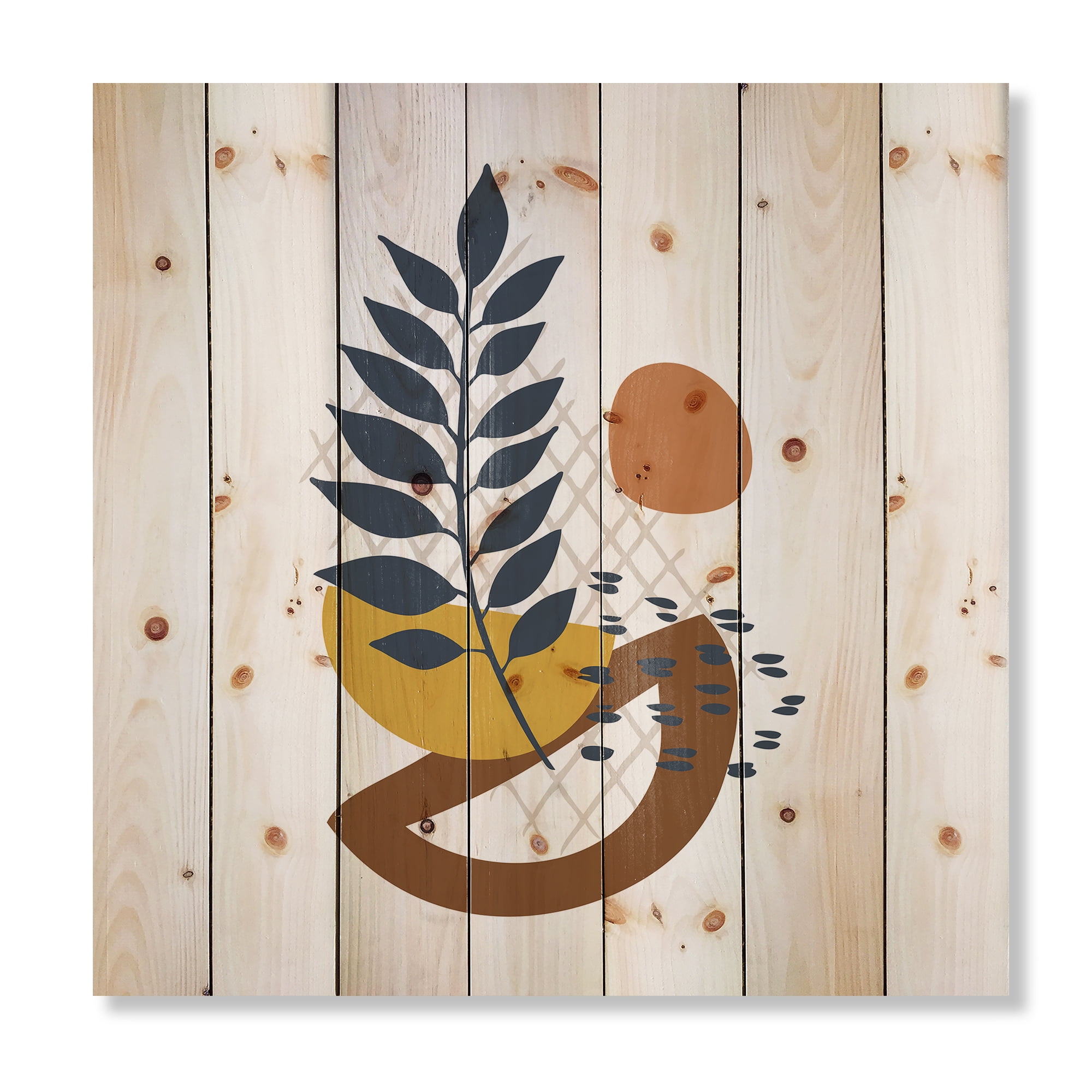 Designart 'Abstract Leaves With Elementary Shapes' Modern Print on Natural Pine Wood