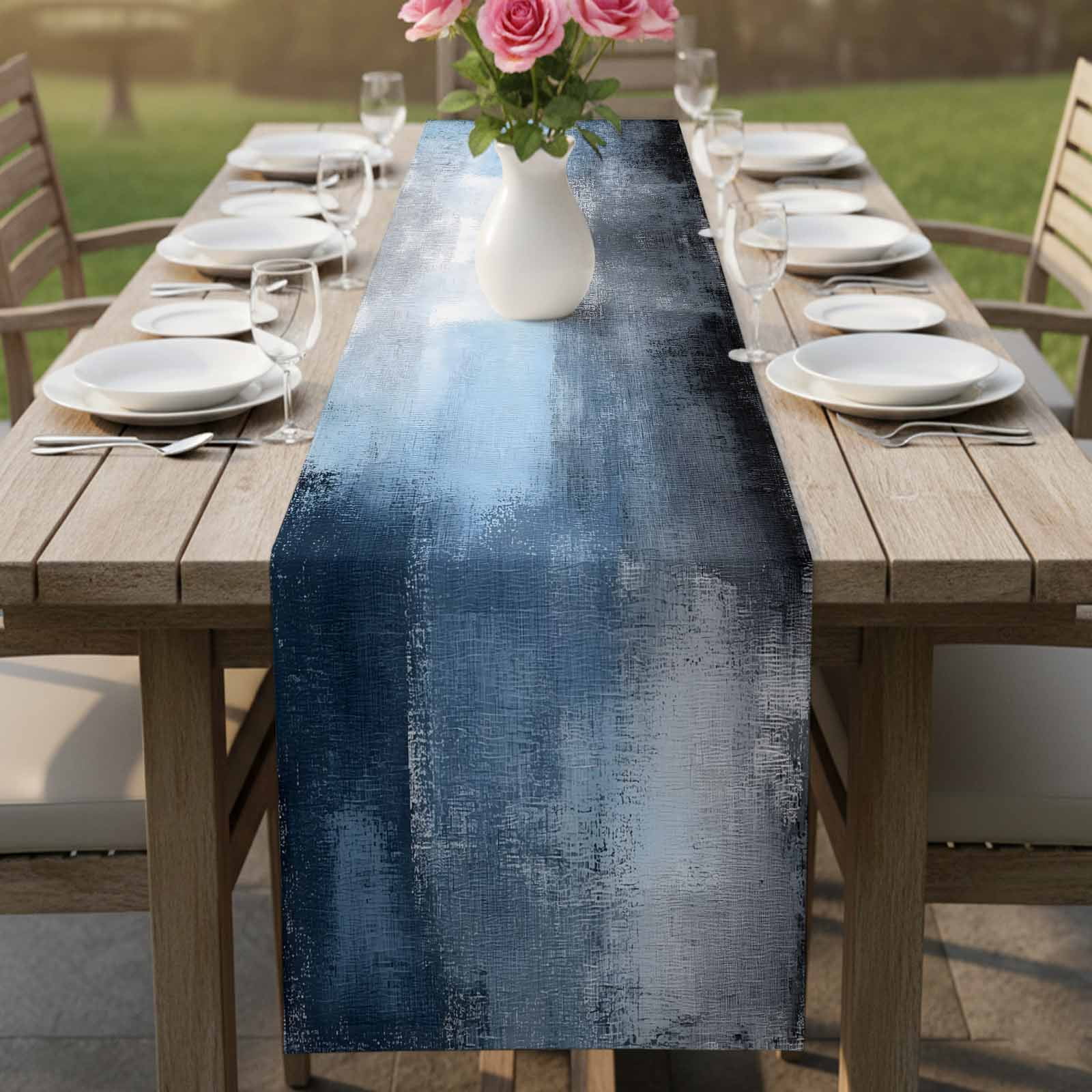 Blue Grey Table Runner, Modern Oil Painted Art Abstract Geometric Washable Cotton Linen Table Runners 90 Inches Long, Dresser Scarf Runner for Dining/Coffee/Kitchen/Hallway Tables 13''x90''