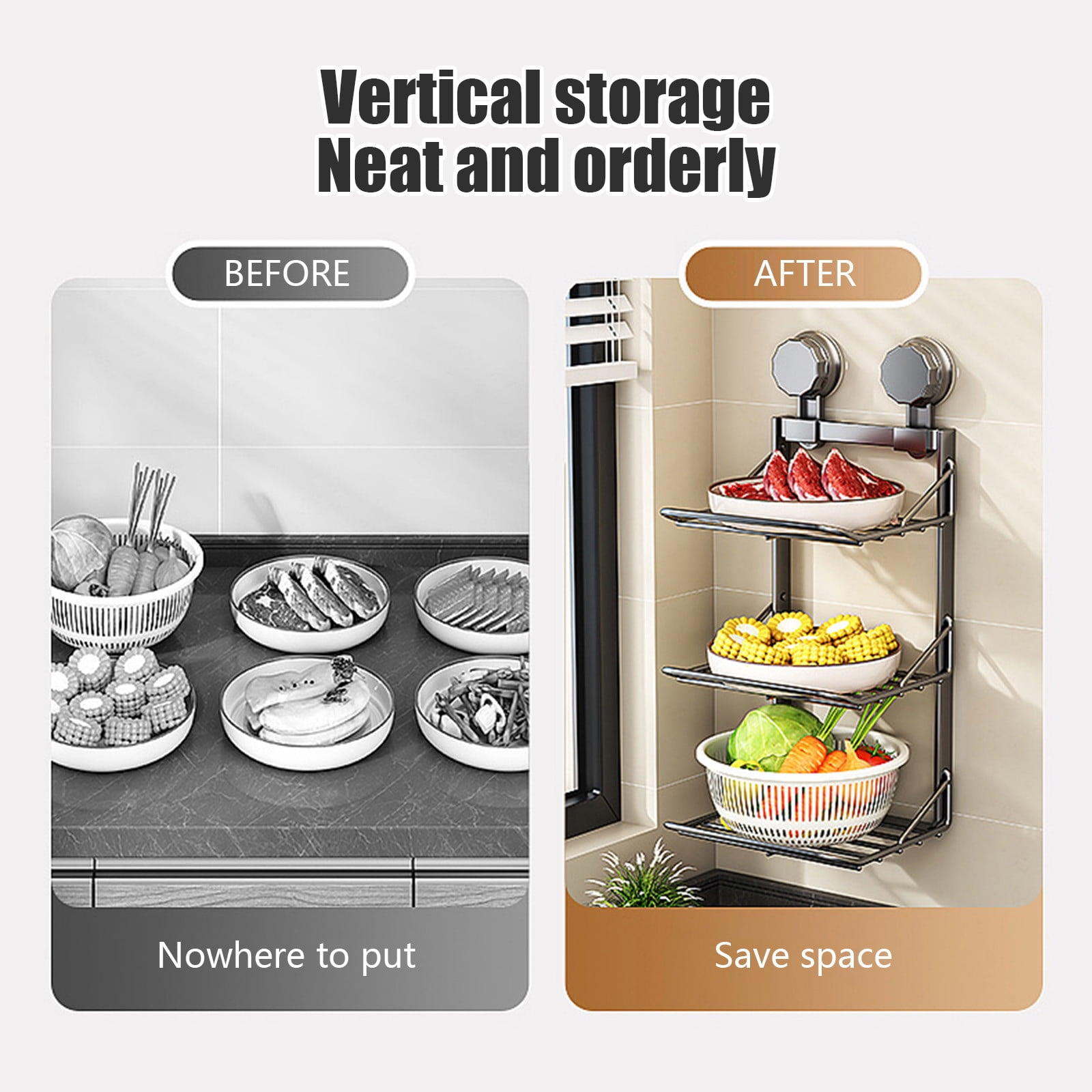 Multi-Layer Kitchen Suction Cup Storage Rack, Wall Mounted Stainless Steel Shelves for Vegetable Utensils, No Holes Required, Home Storage Organizer for Kitchen and Bathroom