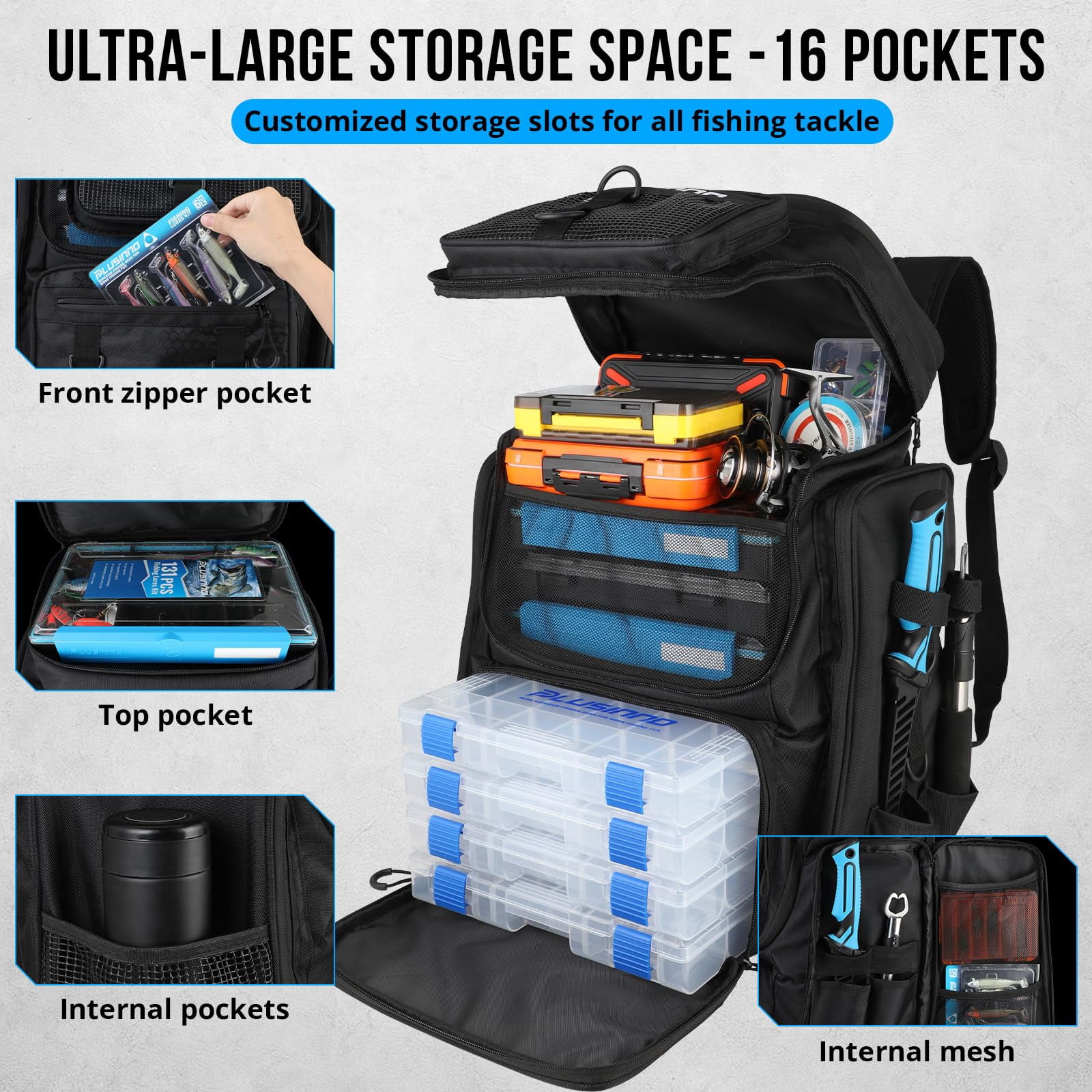 Fishing Backpack With Rod Holders Tackle Box  42l Large Water-resistant Fish Bag Store Gear