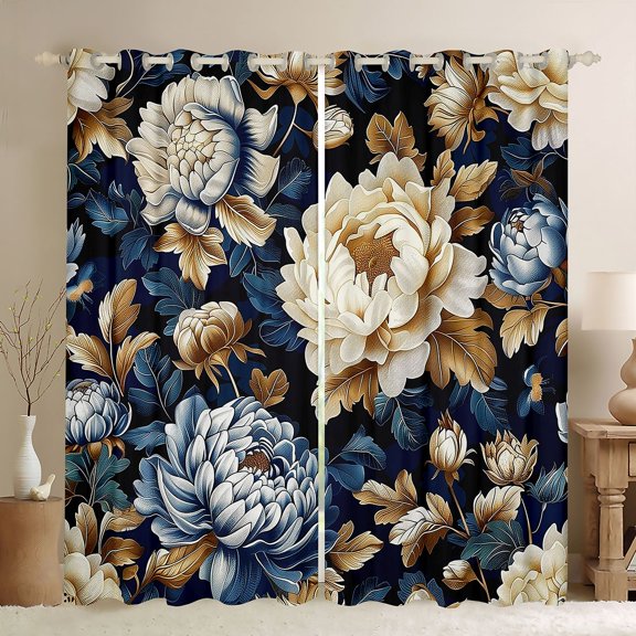 Feelyou Blue Gold Flower Curtains Pack of 2 (42x84 Each), Rustic Plant Botanical Curtains Blackout, Mandala Boho Style Bedroom Curtains, Living Room Curtains Decor
